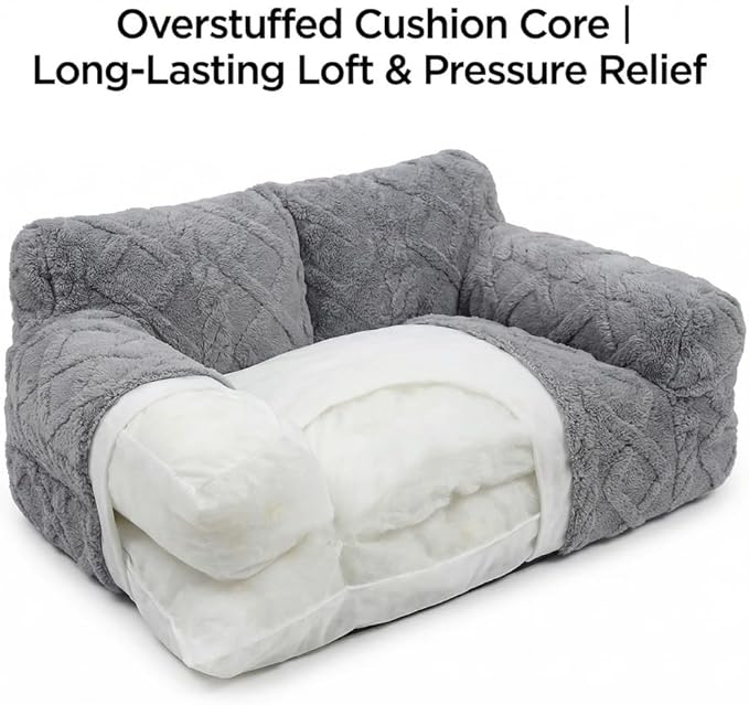 Plush Calming Pet Sofa Bed, Raised Rim, Removable Cover & Non-Slip Bottom for Cats & Dogs, Calming Dog Bed Fluffy Plush Dog Mat for Furniture Protector with Removable Washable Cover (Khaki, Large)