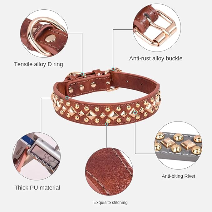 Spiked Dog Collar Soft Pu Leather Mushrooms Rivet Spike Studded Puppy Adjustable Pet Collars for Small Breeds (XS, Brown3)
