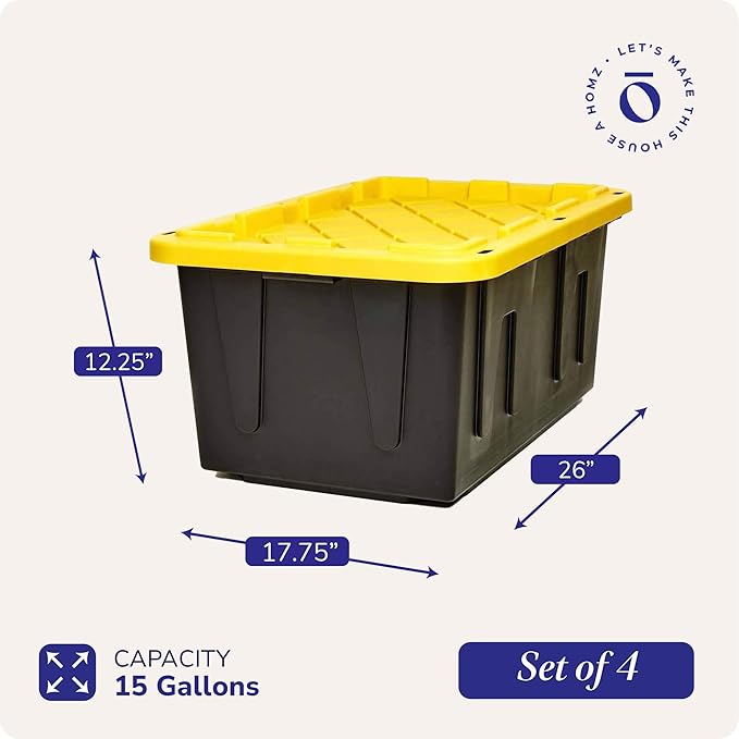 HOMZ 4-Pack Durabilt Tote, Heavy Duty Plastic Storage Bins with Lids, 15 Gallon, Black/Yellow - Stackable Organizing Containers for Home, Garage, and Office