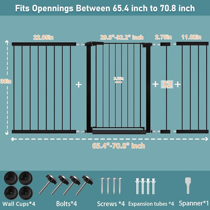 Fairy Baby 38" Extra Tall Dog Gate for Stairs and Doorways, 65.4"-70.8" Extra Wide Pet Gate Indoor, Large Safety Child Gate No Drill, Metal Auto Close Baby Puppy Gate for House Walk Through, Black