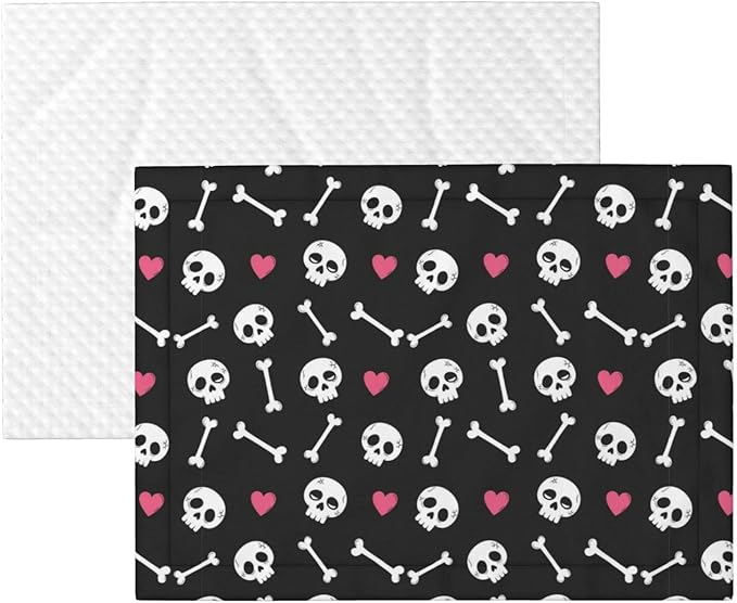 Reversible Plush Dot Pet Blanket for Dogs and Cats, Cartoon Skulls with Hearts On Black, Ultra Soft Two Sided Design with Warm Fuzzy Side and Smooth Side for Comfort