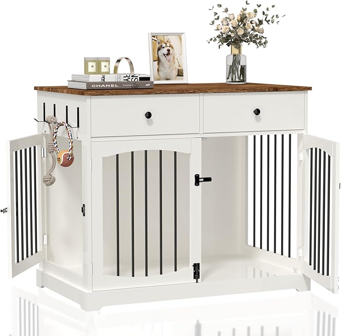 BREEZEHEAT 40 inch Dog Crate Furniture-Farmhouse Dog Kennel with Drawers-End Table Wooden Pet Crate, Double Door Design, Decorative Dog House Indoor for Small Medium Large Dog,Off White