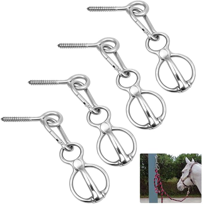 Homaisson 4 PCS Horse Tie Rings, Horse Tie Ring with Quick Snap and Eye Bolt, Heavy Duty Stainless Horse Tack and Supplies, Magnetic Safe Horse Tie Ring, Horse Training Equipment for Pulling Back