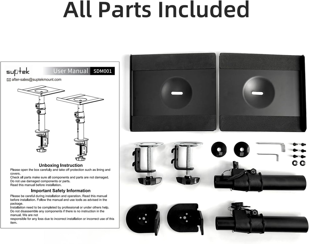 suptek Clamp-on Speaker Stand Desk Mount Set, Height Adjustment, Tilt, Swivel, 9.6 x 8.8 inch Trays, Universal Audio Holders for Computer and Bookshelf Speakers, Elevated Sound, 2 Pack, Black, SDM001B