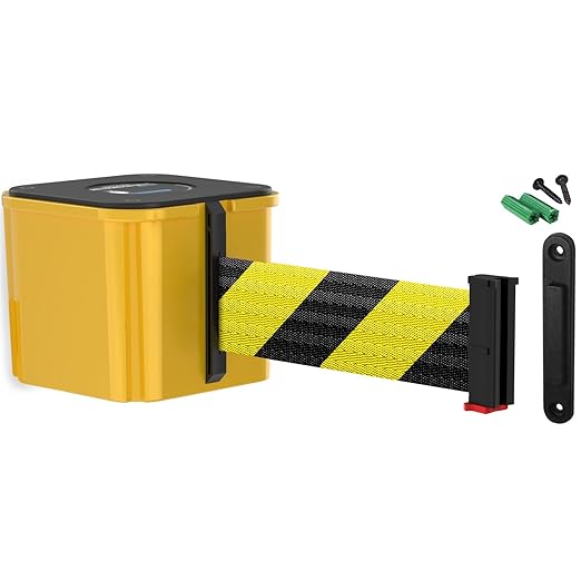 WM412 Retractable Belt Wall Mounted Yellow Crowd Control Barrier and Receiving End, 25' Black/Yellow Diagonal Belt