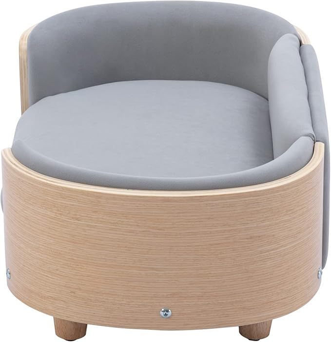 Scandinavian Style Elevated Dog Bed with Solid Wood Frame, Orthopedic Pet Sofa with Removable Washable Cover, Small Size Pet Furniture (Light Gray)