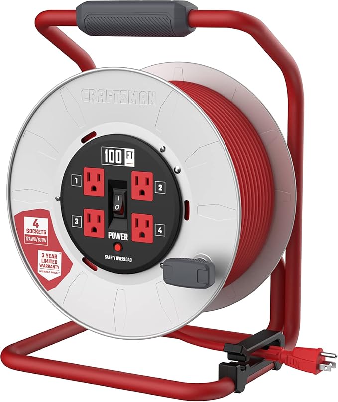 CRAFTSMAN 100 Ft. Contractor Retractable Extension Cord Reel with 4 Outlets & Heavy Duty 12AWG SJTW Cable