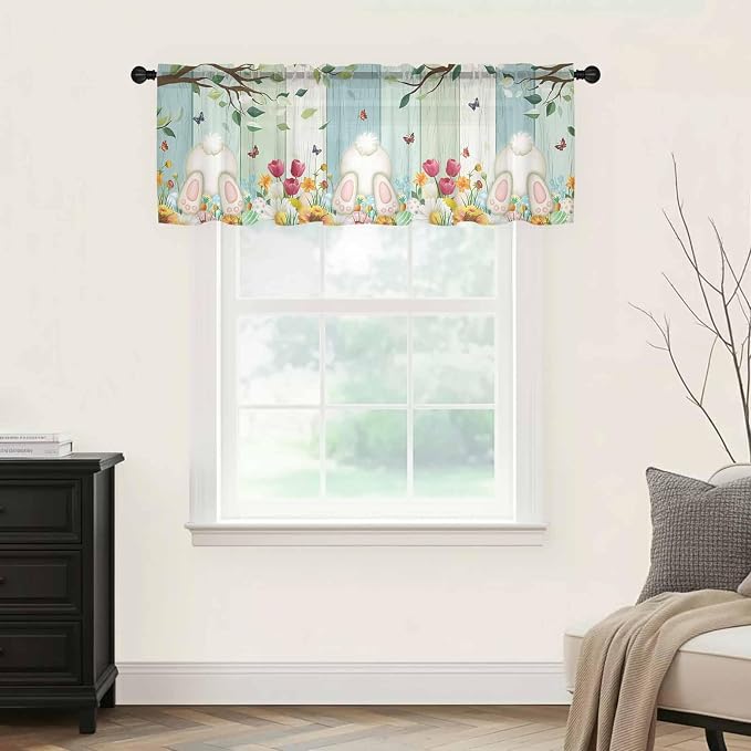 Easter Sheer Valances for Windows 42"x18", Light Filtering Kitchen Curtains