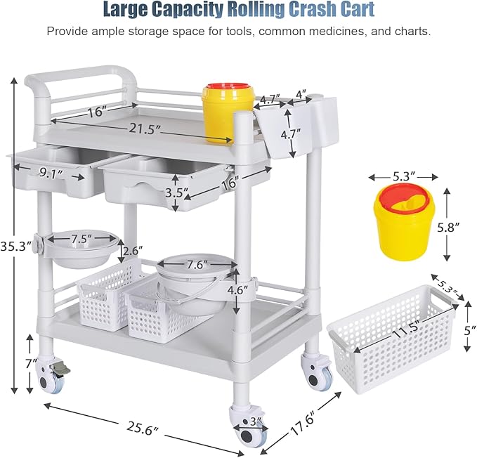 Medical Carts with Wheels 2 Tier Mobile Esthetician Cart 220 LBS Load Hospital Trolley Cart for Ultrasound Scanner Utility Cart with Bucket Sharp Box Storage Basket for Beauty Salon Dental Clinic Home