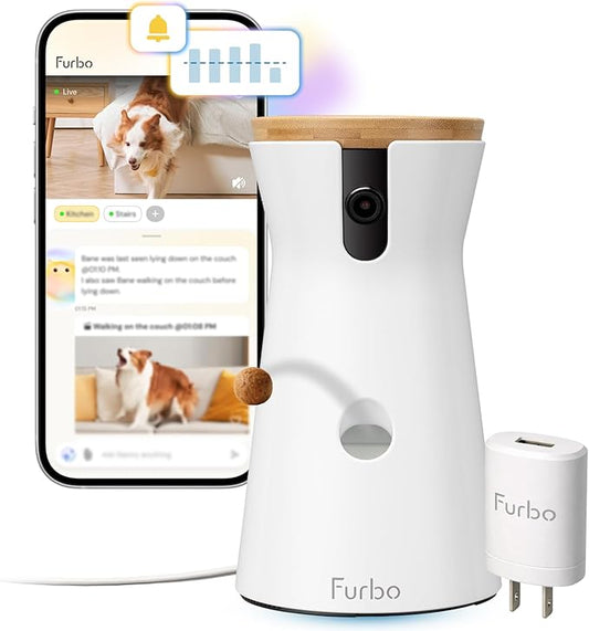 Furbo 360° Dog Camera + Power Adapter [Subscription Required] Unlock w/Paid Plan: Dog Safety Alerts, Rotating Pet Treat Toss w/ 2-Way Speaker, Smart Cam w/Phone App (Low Risk, 3mo Min. Cancel Anytime)