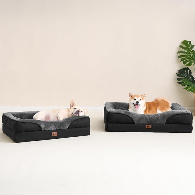 EHEYCIGA Orthopedic Dog Bed for Large Sized Dog, 36x27x7 Inch Large Memory Foam Dog Couch Bed with Sides, Waterproof Liner & Washable Removable Cover, Bolster Pet Sofa, Grey/Black