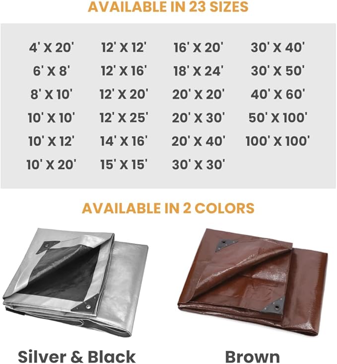 WHITEDUCK Super Heavy Duty Poly Tarp Cover 16 Mil & 10 Mil with Grommets and Reinforced Edges (Brown, White & Silver Black) (Brown- 16 Mil, 12' x 20')