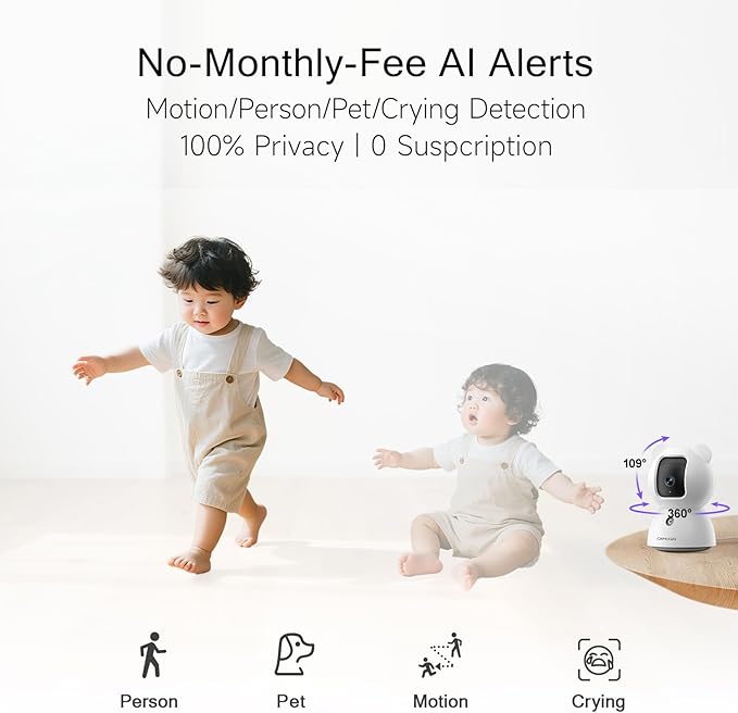 2.5K Security Camera Indoor, Non-Subscription AI Person/Pet/Cry Detection, 4MP Pet/Dog/Cat Camera w/Phone App, Pan Tilt 2.4GHz WiFi Cameras for Home Security, Full Duplex 2-Way Audio, IR Night Vision