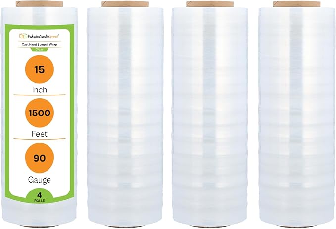 (4 Rolls) Hand Stretch WRAP Shrink Film 15 x 1500 x 90 Gauge + Free Stretch W.