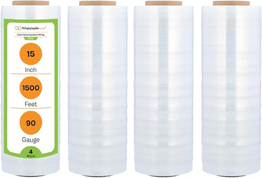 (4 Rolls) Hand Stretch WRAP Shrink Film 15 x 1500 x 90 Gauge + Free Stretch W.