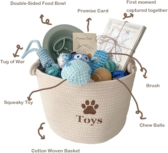 Dog Welcome Gift Box – New Puppy Starter Kit with Promise Card, Frame, Toys, Double‑Sided Bowl & Brush in Woven Basket – Dog Adoption Gift for Small Medium Dogs