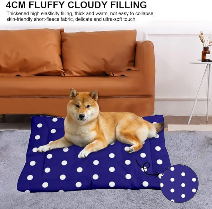 Polka Dot Blue Dog Beds and Furniture Small Dog Crate Mat Large Pads Crate Liner Pad Washable Non-Slip Beds Washable Doggie for Medium Dogs Cute Bed Mat Little Bed Indoor Outdoor 24X18 Inch