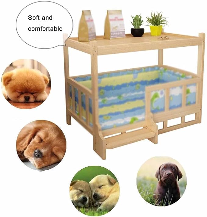 XPLKQXE Dog Bed Wood Platform, Elevated Pet Cushion Bed, Animal Couch with Mattress, Dog Beds & Furniture Rest Cot, Portable Fence Bed Pet Up to 45kg/100lbs(Color:Blue,Size:75x50x65cm)