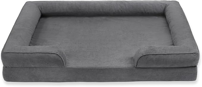 Gray Corduroy Orthopedic Dog Bed with Bolster – Memory Foam, Washable Removable Cover, Non-Slip Bottom (Large)