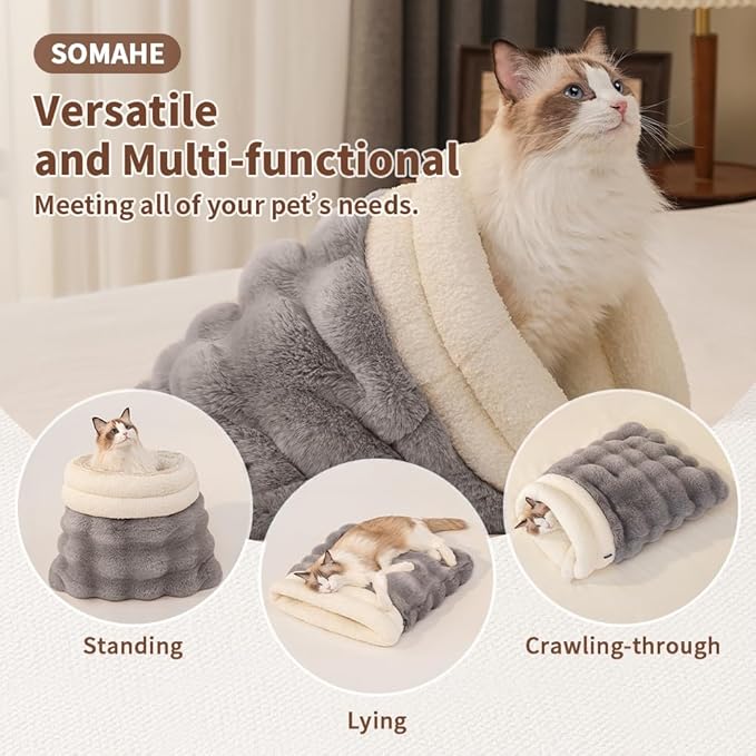 Self-Warming Cat Sleeping Bag, Enclosed Hooded Snuggle Sack with Dual-Side Plush Cat Cave Bed, Portable Foldable Pet Sleeping Pod for Indoor & Travel, Anti-Static, 21.7"x17.7"Coffee