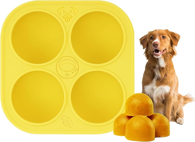 Silicone Dog Treats Molds for Large Dog Toy, 4 Cavities Reusable Treat Tray for Freezing Puppy Mold for Making Snack Easy to Release (Yellow)