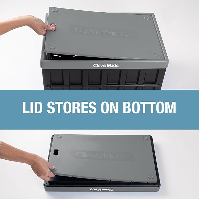 CleverMade Collapsible Storage Bins with Lids - Stone 3 Pack 62L - Plastic Containers Stackable Organization Crates Home Closet Space-Saving Durable