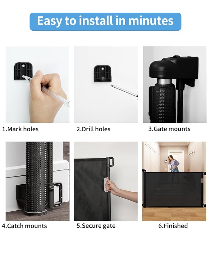 Retractable Baby Gate for Doorways and Stairs, Mesh Safety Gate for Pet, Indoor & Outdoor Use, One-Hand Operation, Easy Installation, 33.6" Tall, Expands to 71" Wide（Black,33.6"x71"）