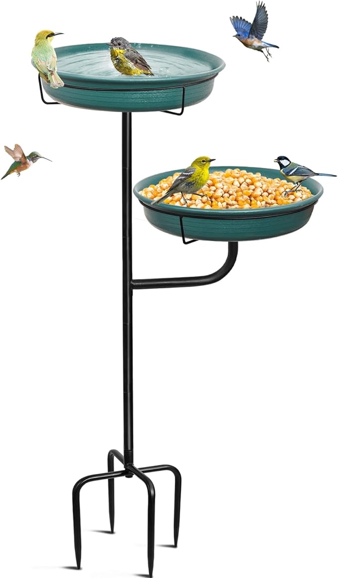 Freestanding Birdbaths Bowl Outdoor, Free Standing Garden Bird Bath Bird Feeder & Bird Bath Bowl, Detachable Decoration Spa Birdfeeder for Garden Patio Yard Lawn, 4 Spiky Metal Stake (Green 2)