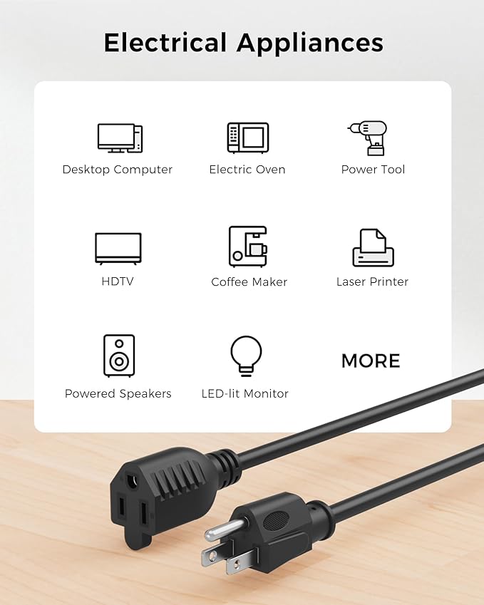 [UL Listed] Cable Matters 2-Pack 16 AWG Heavy Duty 13A Short Power Extension Cord - 1ft, 3 Prong Power Cord Extension, NEMA 5-15P to NEMA 5-15R, Black