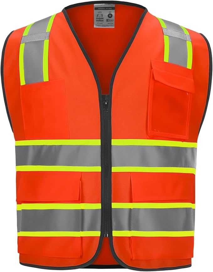 9 Pockets High visibility Class 2 Safety Vest，Hi Vis Vest with 2 inch wide Reflective Strips security vest with Zipper construction work vest for men &women Orange，XL