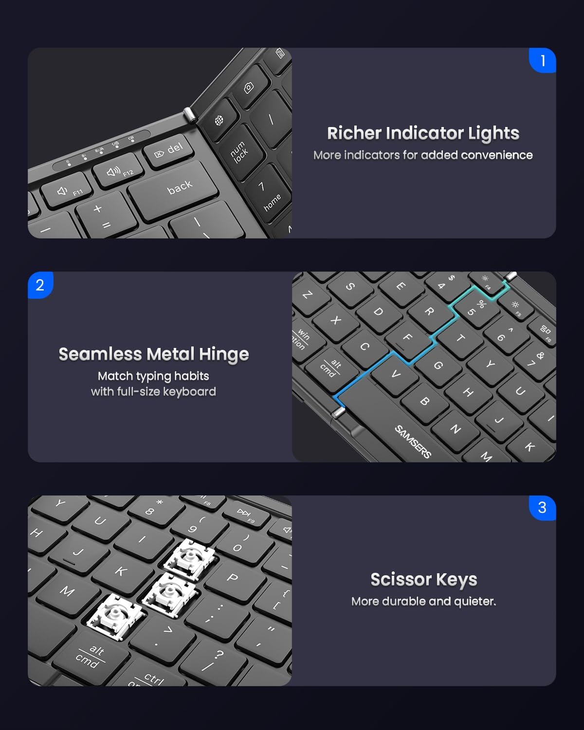 Foldable Keyboard and Mouse, Samsers Folding Bluetooth Keyboard Combo, 2.4G + BT5.0 x 2, Full-Size Portable Travel Keyboard & Rechargeable Wireless Mouse for Windows Android iOS Mac OS, Classic Black