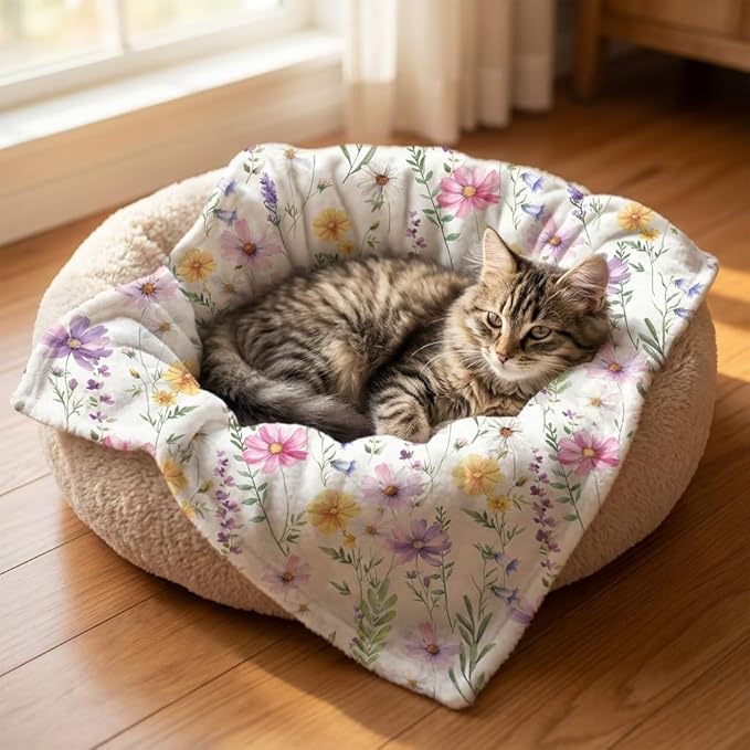 Horaldaily Pets Flannel Blanket, Spring Summer Watercolor Wildflowers Soft Fuzzy Fluffy Plush Cozy Fleece Premium Blankets for Dog Cat Puppy Kitten Couch Protection, 20x30