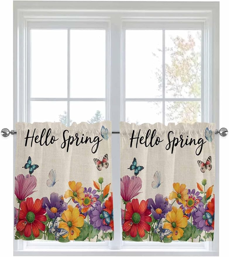 Spring Flowers Half Window Curtains 24 Inches Long, Farmhouse Vintage Country