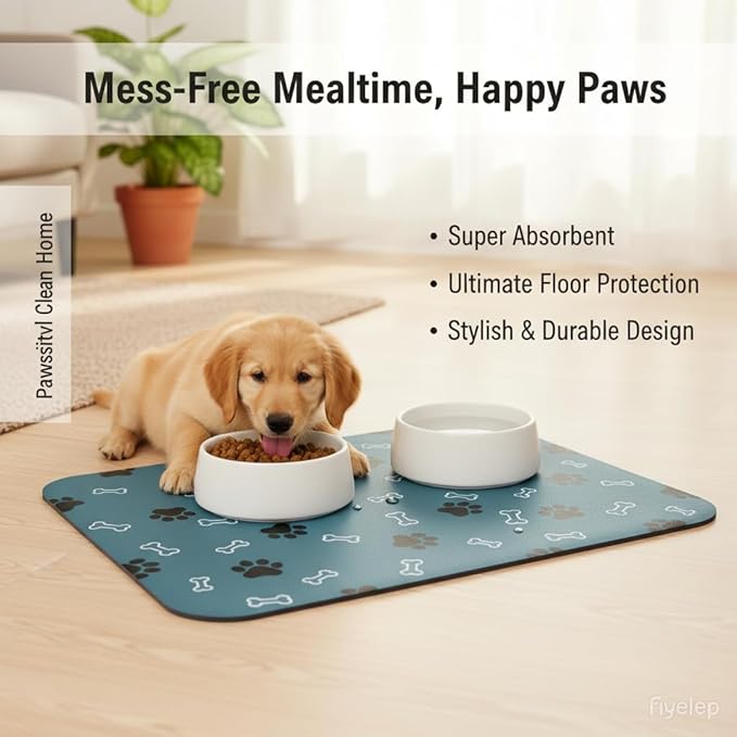 Pet Cat Dog Food Mat Non Slip Mat for Dog Water Bowl Mat Quick Dry Absorbent Cat Feeding Mat, 32 * 17 in, Blue