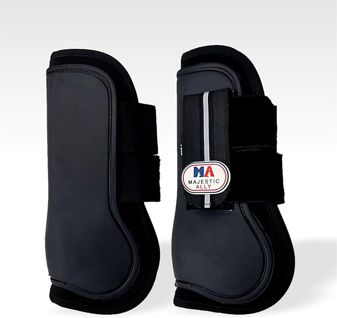 Majestic Ally Horse Leg Protection Fetlock and Tendon Boots Set, PU Shell, Neoprene Lining, Hook and Loop Closures, Multiple Colors and Sizes