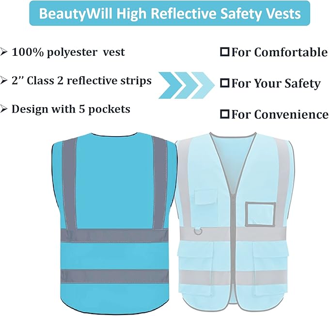 BeautyWill Safety Vest Custom Logo Class2 High Visibility Reflective Vest with 5 Pockets Construction Security Work Vest ANSI/ISEA Standards（Blue，4XL ）