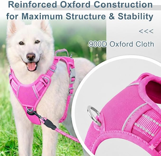 BARKBAY Dog Harness No Pull Oxford with ID Tag Pocket - Heavy Duty, Reflective, Easy Control for Large Dogs(Pink Oxford,L)