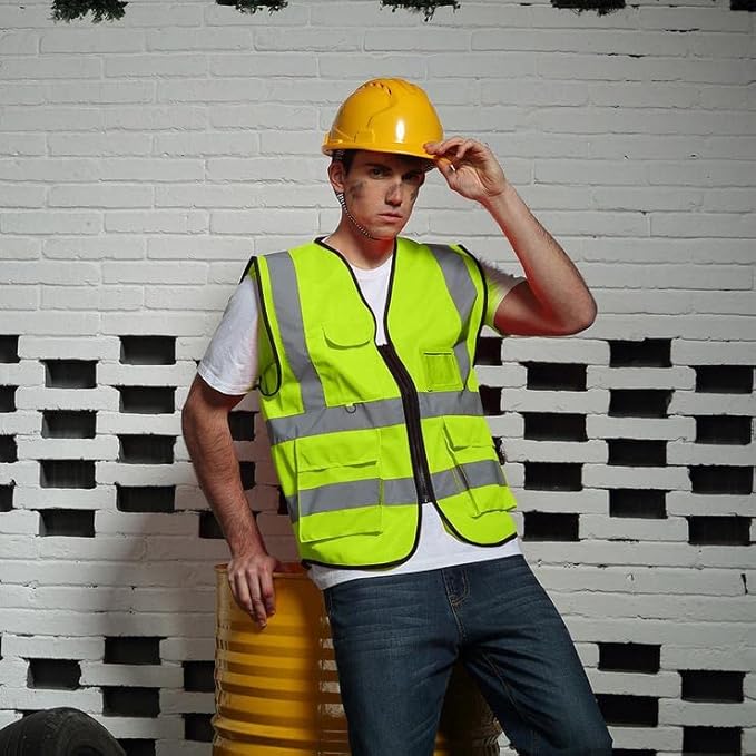 BeautyWill Safety Vest Custom Logo Class2 High Visibility Reflective Vest with 5 Pockets Construction Security Work Vest ANSI/ISEA Standards（Yellow，4XL ）