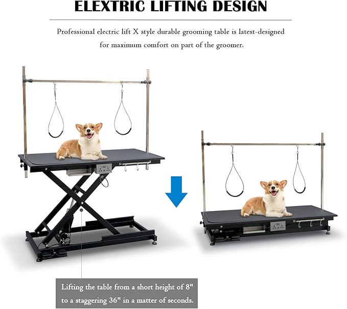 SoarFlash 49.6” Electric Lift Pet Dog Grooming Table,Heavy Duty Electric Grooming Table for Dogs&Cats,Heavy Duty Height Adjustable with Overhead Arm, Clamps, Two Grooming Noose