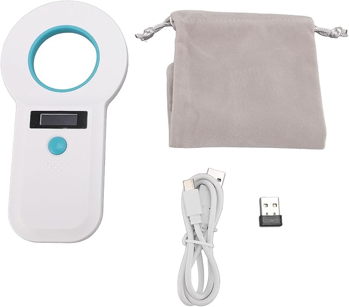 Diyeeni Portable Pet Chip Scanner, Animal Handheld Reader, 128 Sets of Data Storage, 15 Digits Animal Chip Registration RFID Microchips Scanner, USB Connects to PC (White)