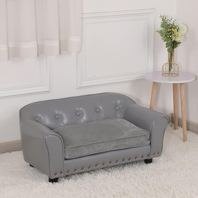 Dog Couch,Puppy Bed,Cat Sofa,Cat Couch,Pet Sofa,Dog Chair,Small Pet Bed,with Copper Nail and Wooden Frame, Leather Fabric and Cushion,for Small Animals Using (Grey)