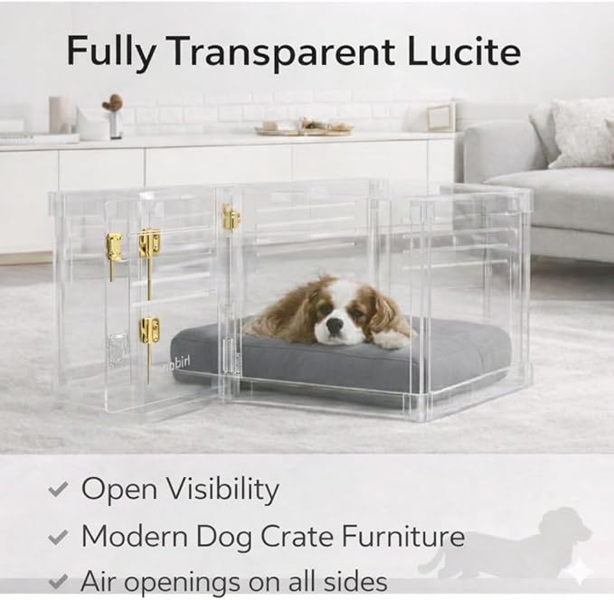 Clear Acrylic Small Dog Crate Furniture with Charcoal Cushion for Small Dogs up to 22 lbs, 3 in 1 Pet Crate and Gate, Modern Furniture Style Indoor Kennel, Dual Gold Latch, 16 x 24 x 18 in