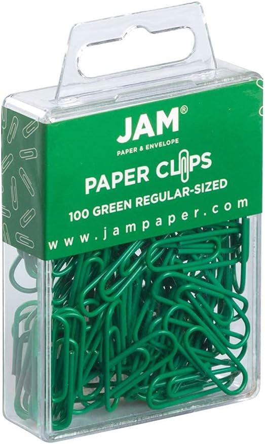 JAM PAPER Colorful Standard Paper Clips - Regular 1 Inch - Green Paperclips - 100/Pack