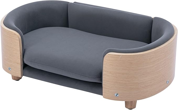 Scandinavian Style Elevated Dog Bed, Pet Sofa with Solid Wood Frame & Walnut Bent Wood Back, Orthopedic Support, Removable Washable Velvet Cover, Small Size, Dark Gray