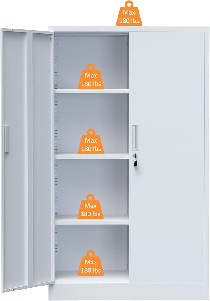Metal Storage Cabinet with Locking Doors and 3 Adjustable Shelves, Lockable Storage Cabinets for Home Office Garage Kitchen Pantry (White)