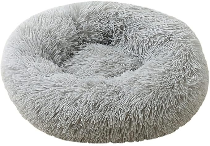Calming Faux Fur Dog Beds Calming Donut Cuddler Dog Bed Washable Round Cat Bed Pillow Cuddler Fluffy Indoor Dog Calming Beds with Anti Slip Bottom Solid Color Light Grey 35 Inch