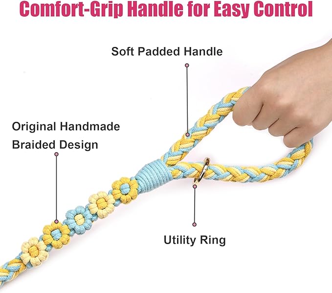 Handmade 5ft Braided Cotton Dog Leash with Unique Floral Handle, Durable and Stylish, Ideal for Small to Large Dogs, Blue & Yellow Twist