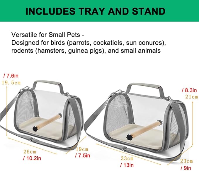 Portable Small Pet Carrier Bag – Travel Bird Cage for Parrots, Parakeets, Cockatiels, Hamsters, Lizard and Vet Visit with Shoulder Straps & Side Access (Includes tray and stand, Gray, 10.2*7.5*7.6in)