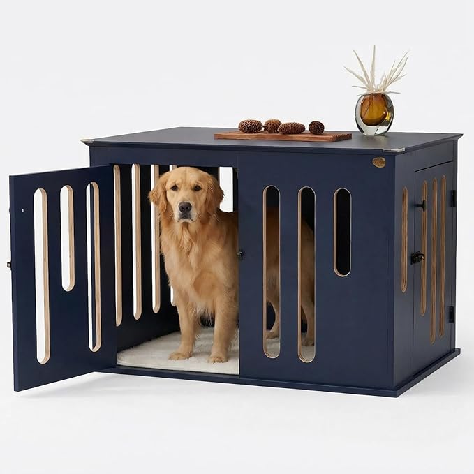 Elegant Heavy-Duty Dog Crate Furniture for Large Dogs - 40-inch Blue Multi-Layer Solid Wood tv Stand with 2 Quick-Release Doors, Stylish Indoor Dog Kennel or cage