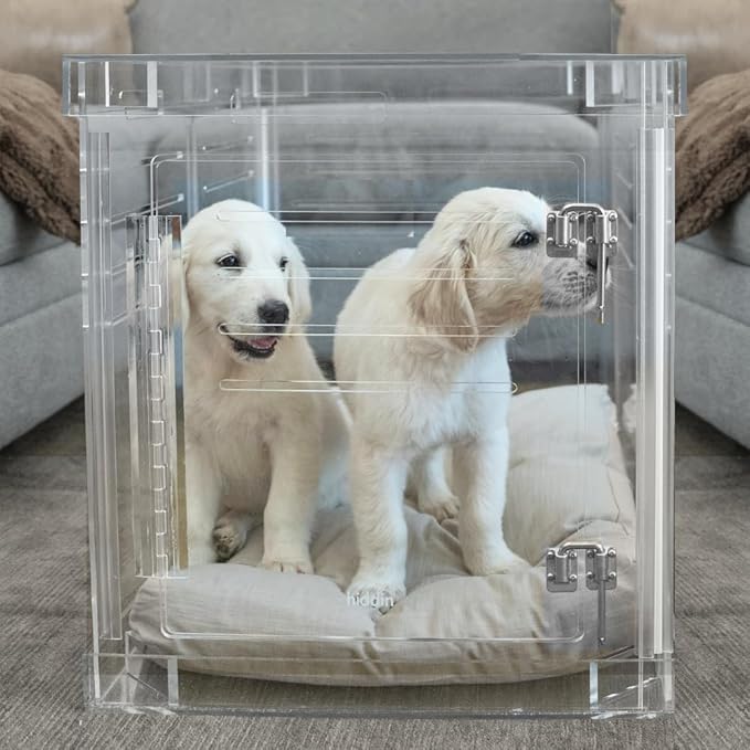 Clear Acrylic Medium Dog Crate Furniture with Blush Cushion for Medium Dogs up to 40 lbs, 3 in 1 Pet Crate and Gate, Modern Furniture Style Indoor Kennel, Dual Silver Latch, 20 x 30 x 22 in